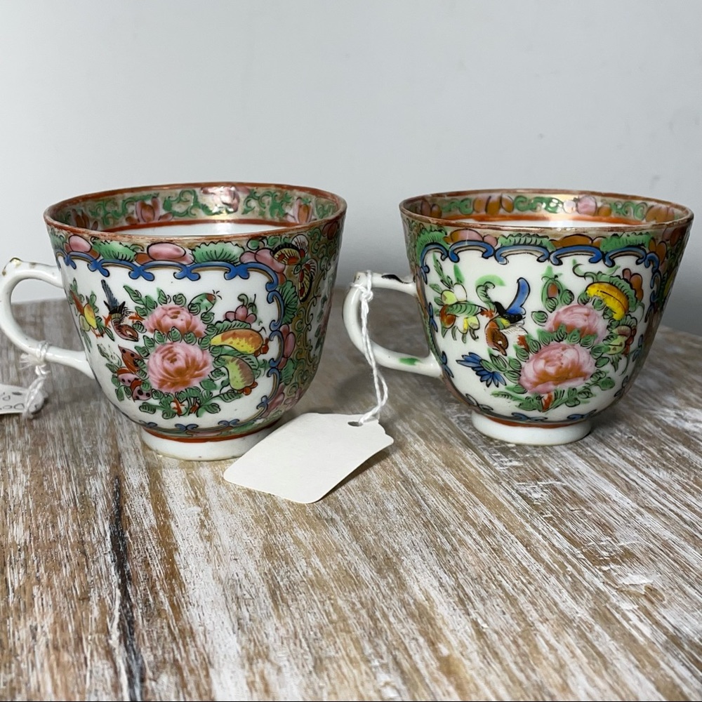 19th century rose medallion tea cups